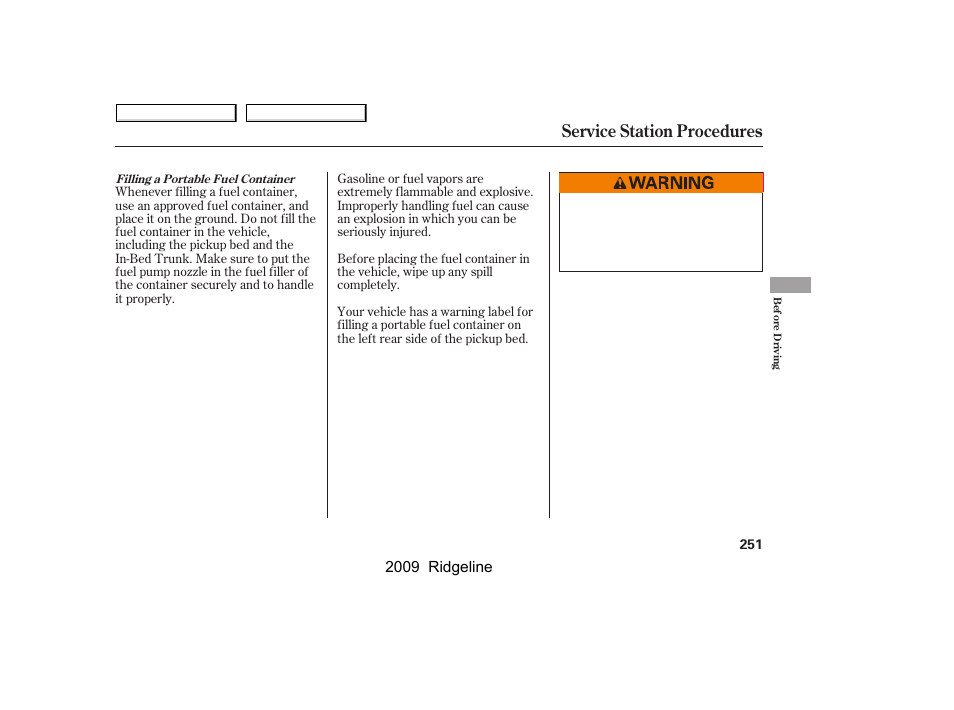 Service station procedures, 2009 ridgeline | HONDA 2009 Ridgeline User Manual | Page 255 / 427