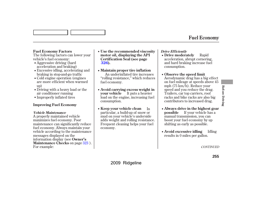 Fuel economy | HONDA 2009 Ridgeline User Manual | Page 259 / 427