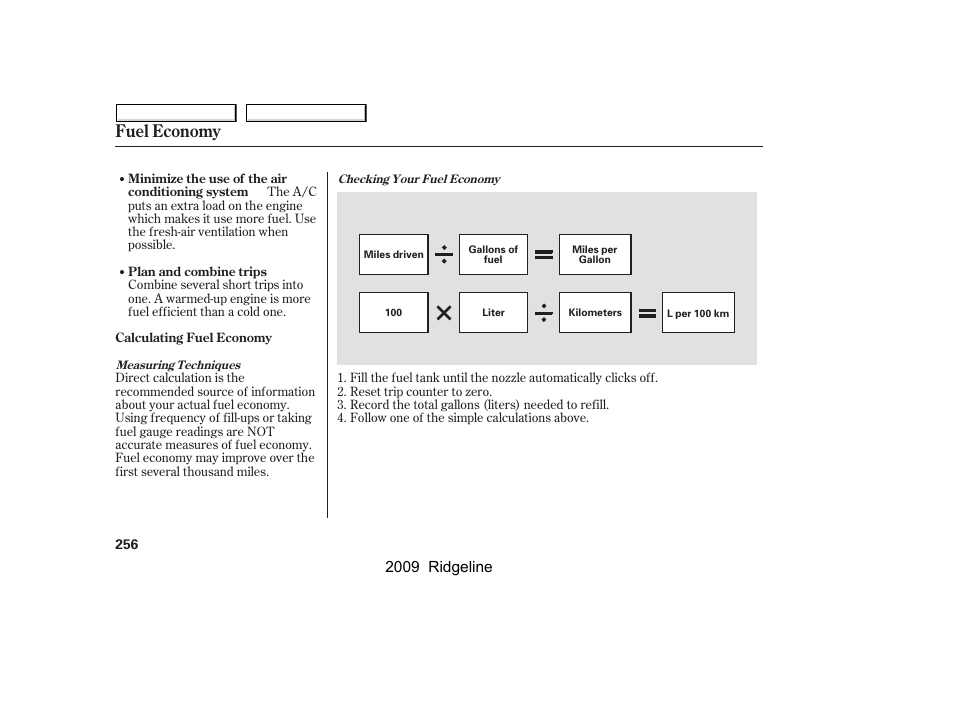 Fuel economy, 2009 ridgeline | HONDA 2009 Ridgeline User Manual | Page 260 / 427