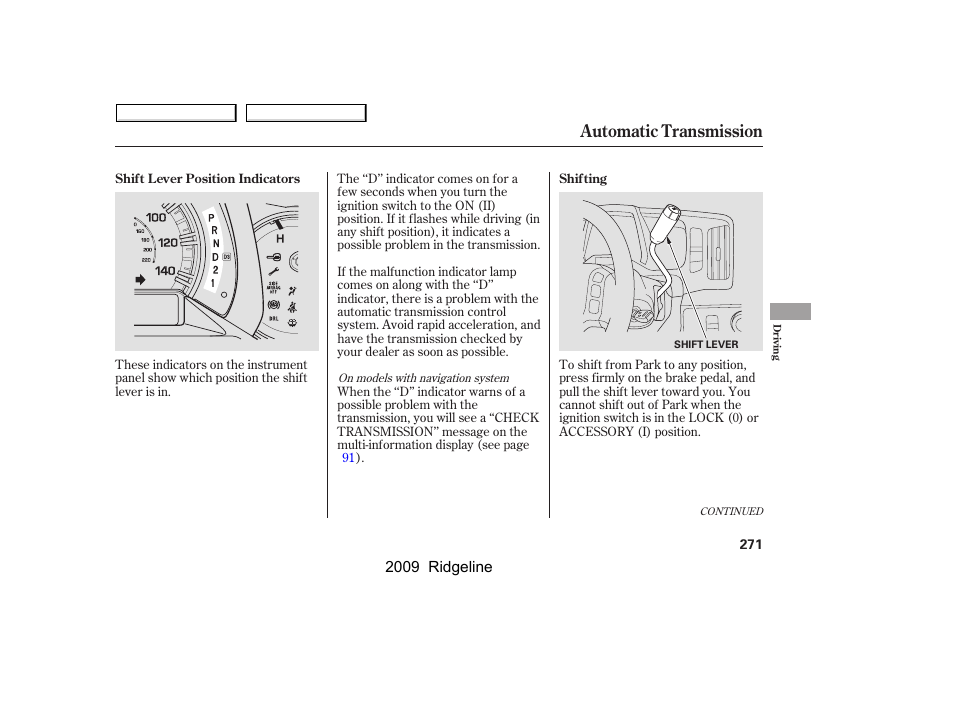 Automatic transmission | HONDA 2009 Ridgeline User Manual | Page 275 / 427