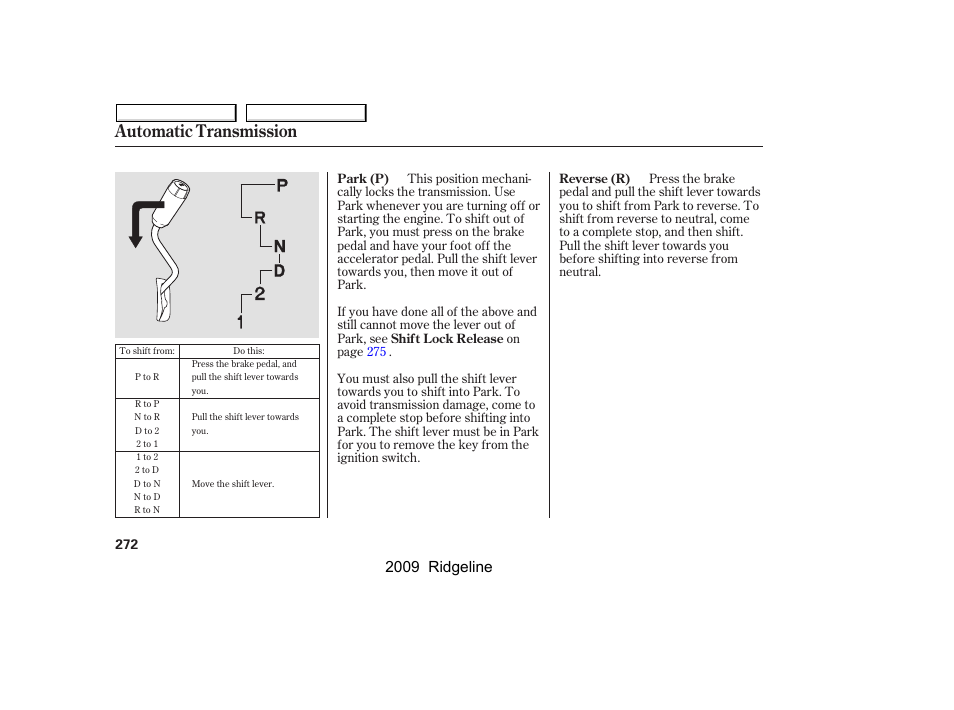 Automatic transmission, 2009 ridgeline | HONDA 2009 Ridgeline User Manual | Page 276 / 427