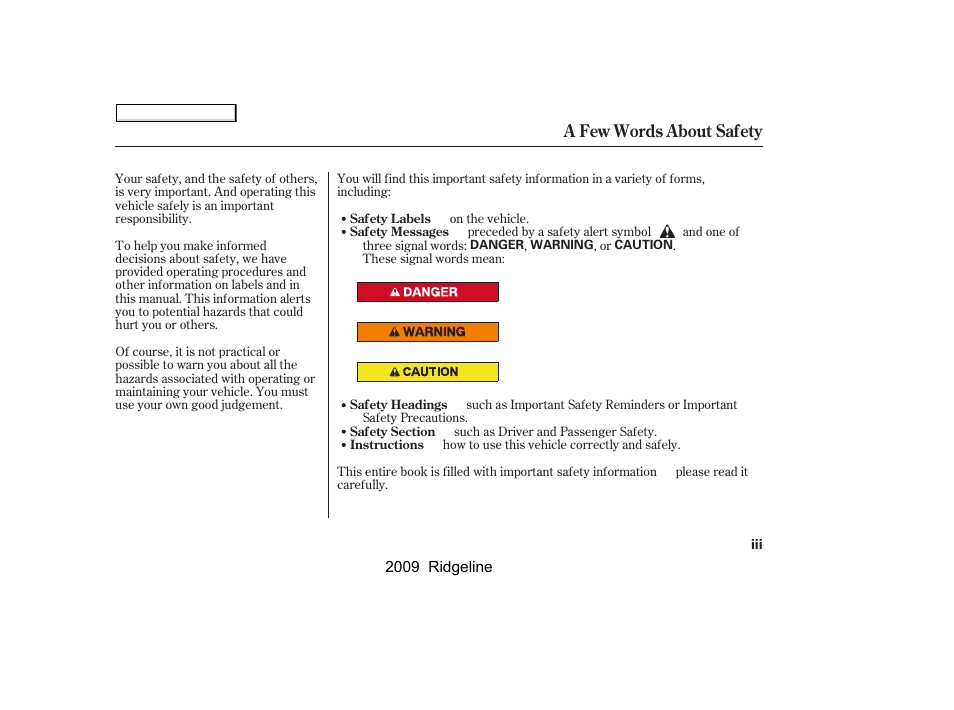 A few words about safety | HONDA 2009 Ridgeline User Manual | Page 3 / 427