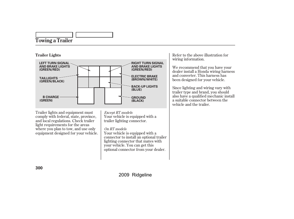 Towing a trailer, 2009 ridgeline | HONDA 2009 Ridgeline User Manual | Page 304 / 427