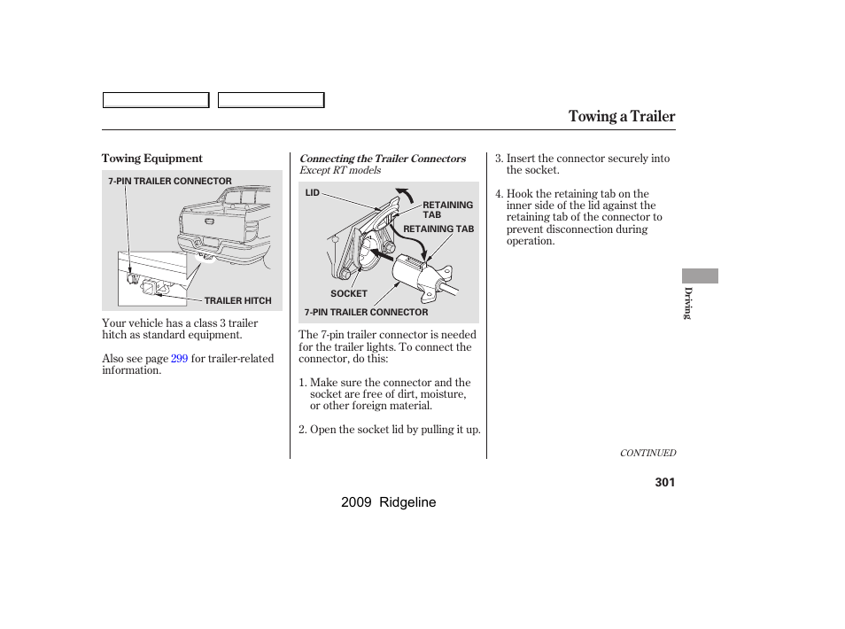 Towing a trailer, 2009 ridgeline | HONDA 2009 Ridgeline User Manual | Page 305 / 427