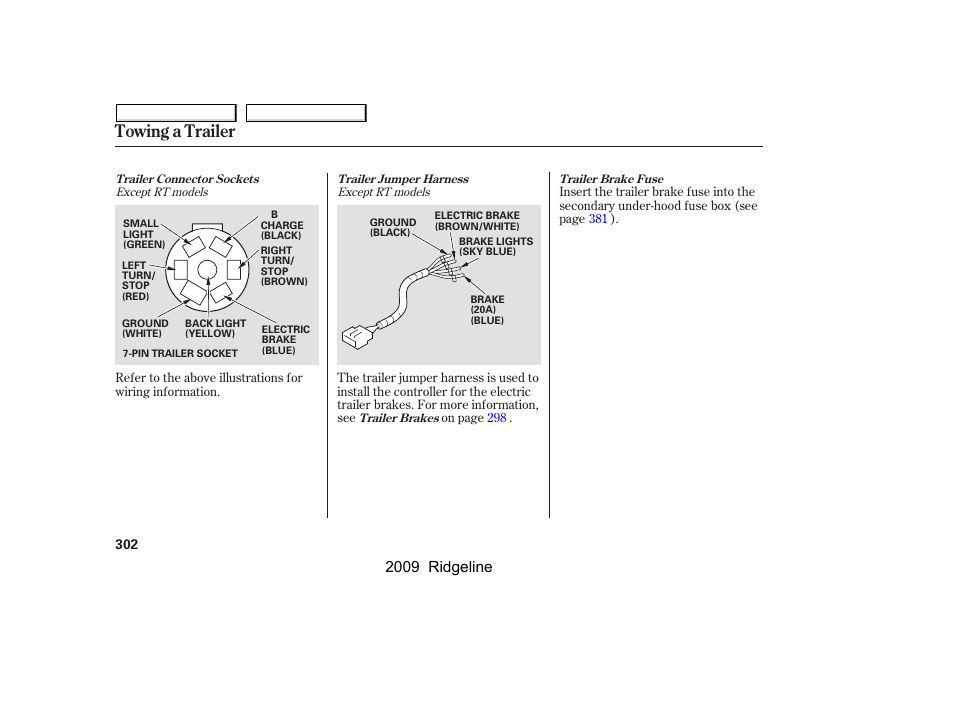 Towing a trailer, 2009 ridgeline | HONDA 2009 Ridgeline User Manual | Page 306 / 427