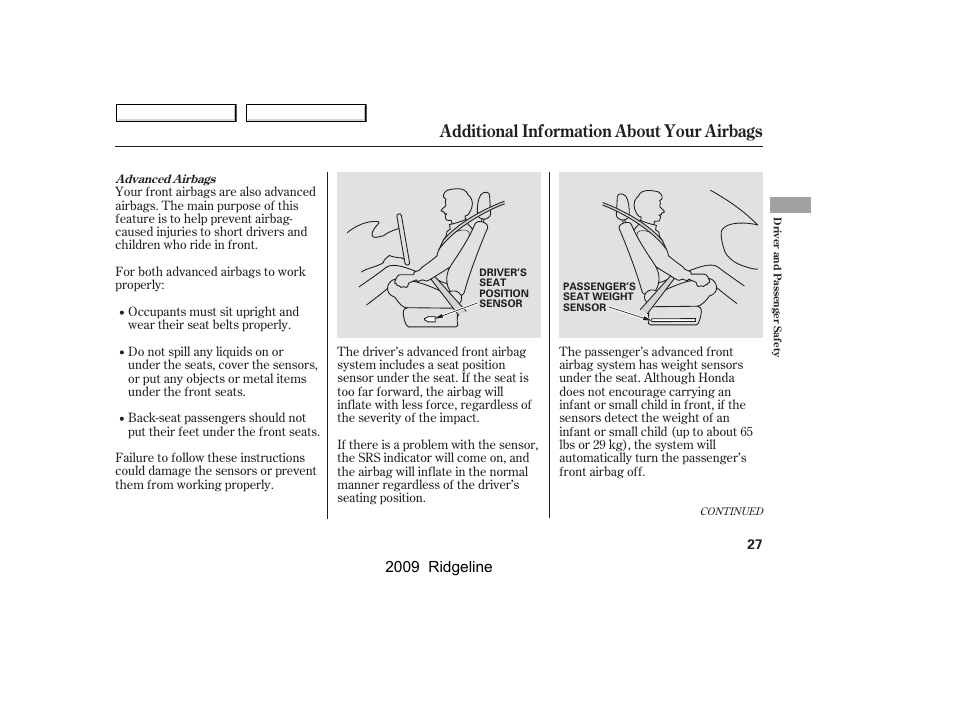 Additional information about your airbags, 2009 ridgeline | HONDA 2009 Ridgeline User Manual | Page 31 / 427