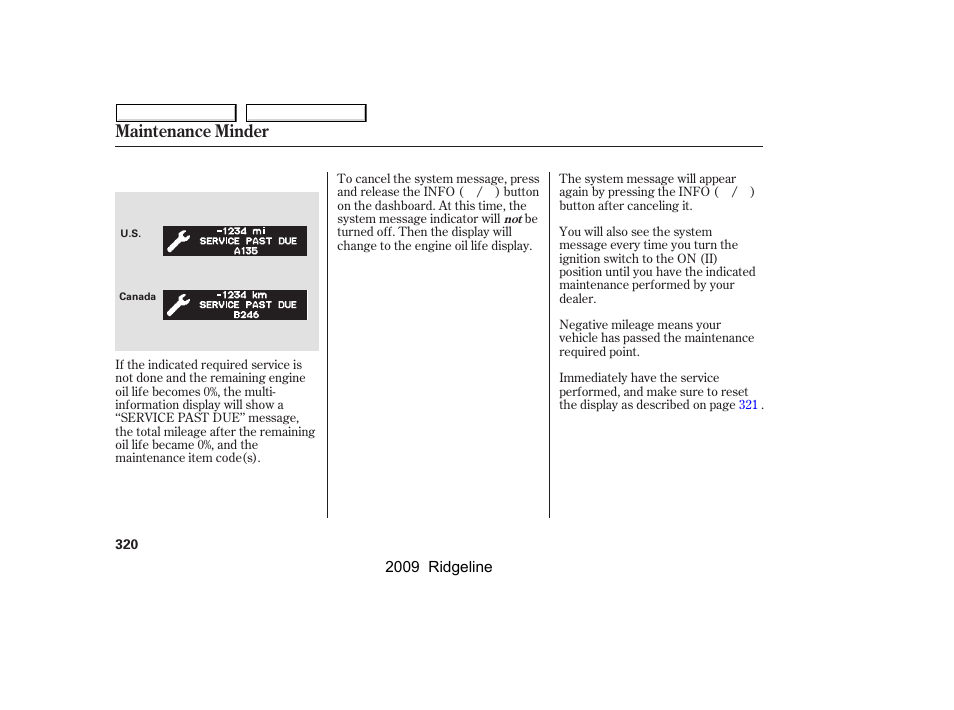 Maintenance minder | HONDA 2009 Ridgeline User Manual | Page 324 / 427