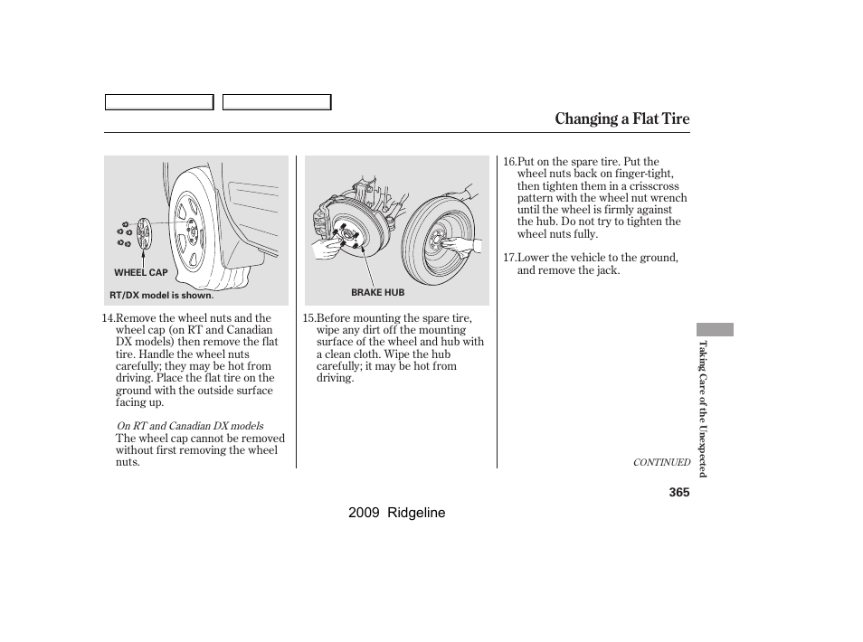 Changing a flat tire, 2009 ridgeline | HONDA 2009 Ridgeline User Manual | Page 369 / 427