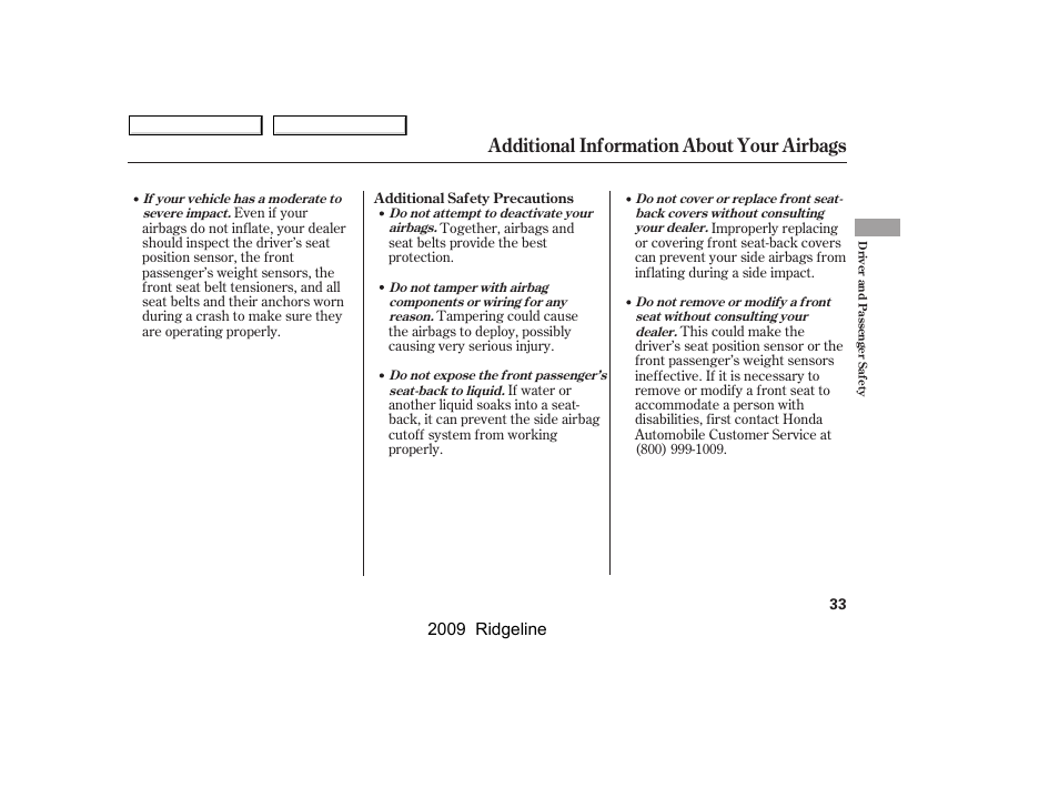Additional information about your airbags, 2009 ridgeline | HONDA 2009 Ridgeline User Manual | Page 37 / 427
