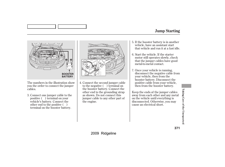Jump starting, 2009 ridgeline | HONDA 2009 Ridgeline User Manual | Page 375 / 427