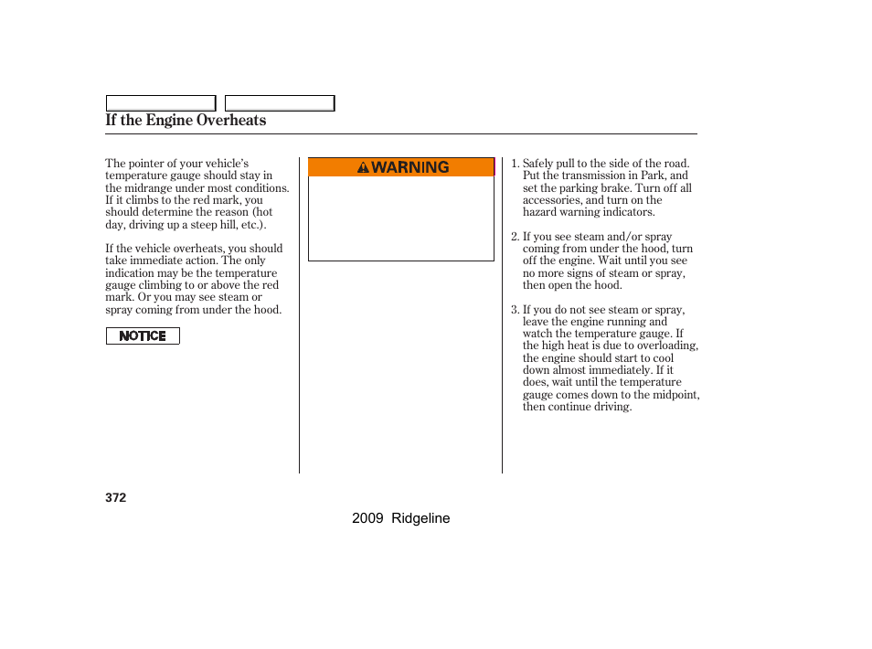 If the engine overheats | HONDA 2009 Ridgeline User Manual | Page 376 / 427