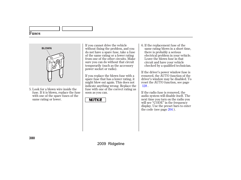 Fuses | HONDA 2009 Ridgeline User Manual | Page 384 / 427
