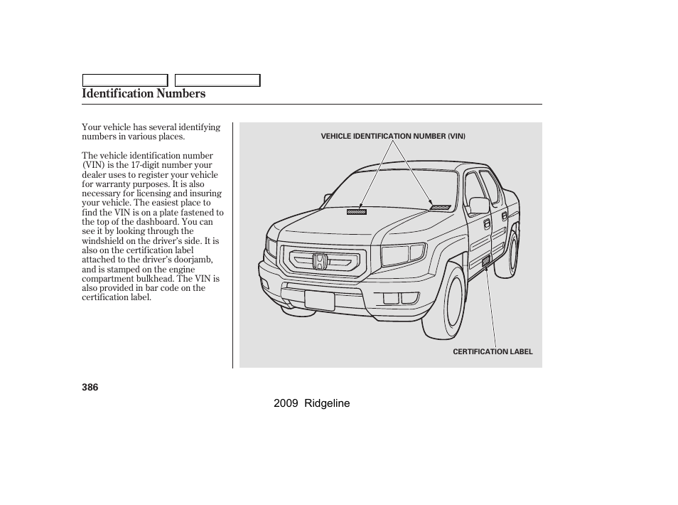 Identification numbers | HONDA 2009 Ridgeline User Manual | Page 390 / 427