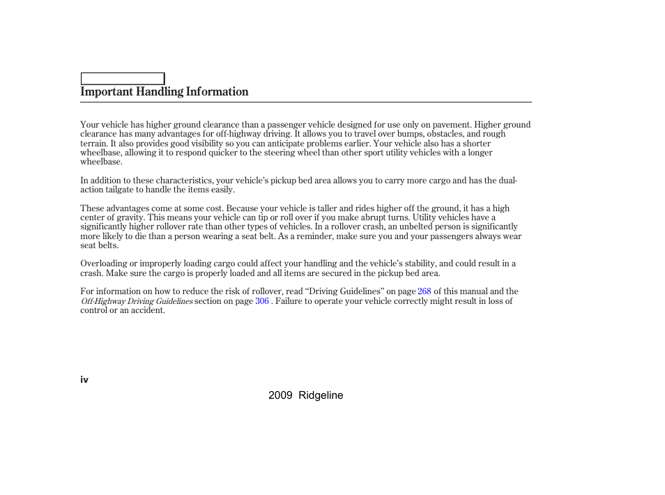 Important handling information | HONDA 2009 Ridgeline User Manual | Page 4 / 427
