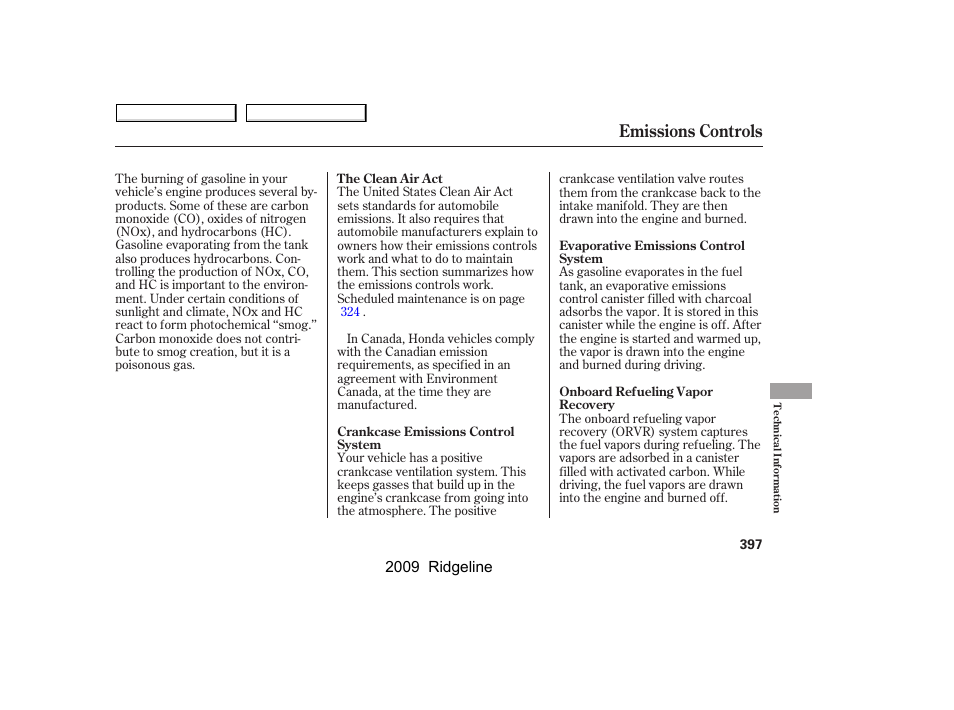 Emissions controls | HONDA 2009 Ridgeline User Manual | Page 401 / 427