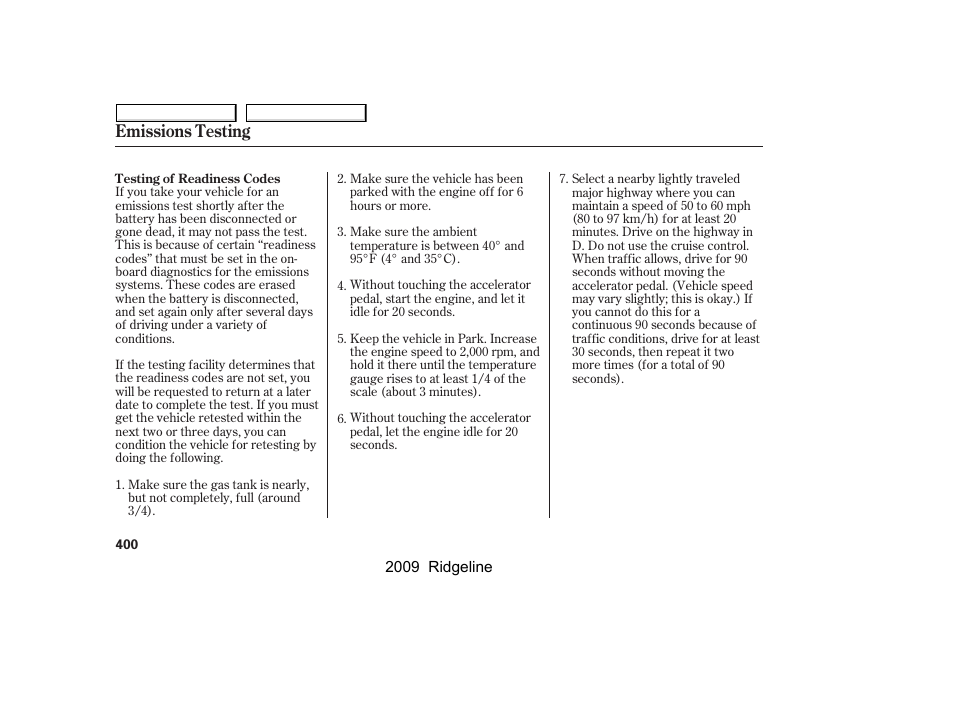 Emissions testing | HONDA 2009 Ridgeline User Manual | Page 404 / 427
