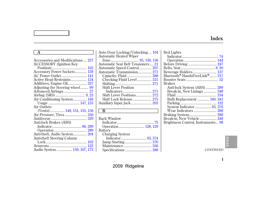 Index | HONDA 2009 Ridgeline User Manual | Page 413 / 427