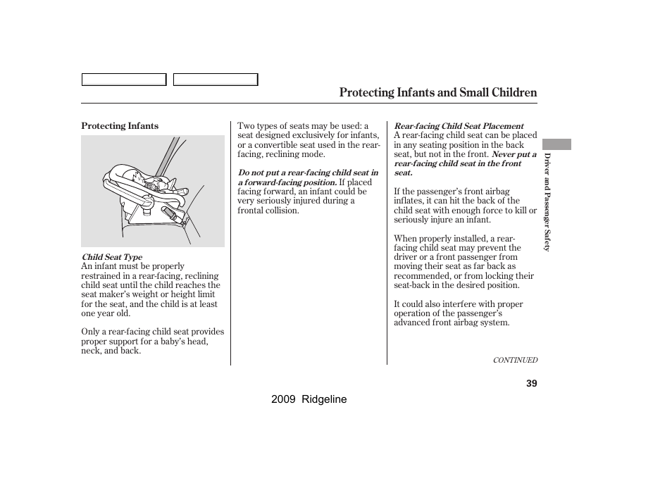Protecting infants and small children, 2009 ridgeline | HONDA 2009 Ridgeline User Manual | Page 43 / 427