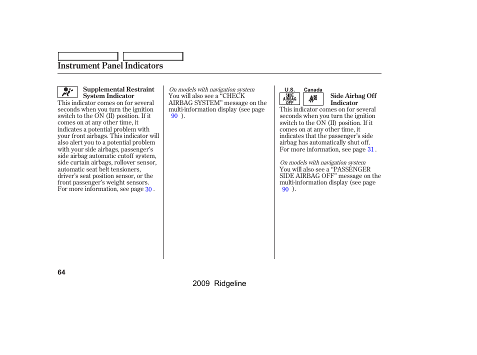 Instrument panel indicators | HONDA 2009 Ridgeline User Manual | Page 68 / 427