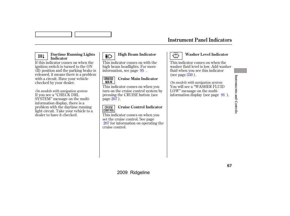 Instrument panel indicators | HONDA 2009 Ridgeline User Manual | Page 71 / 427