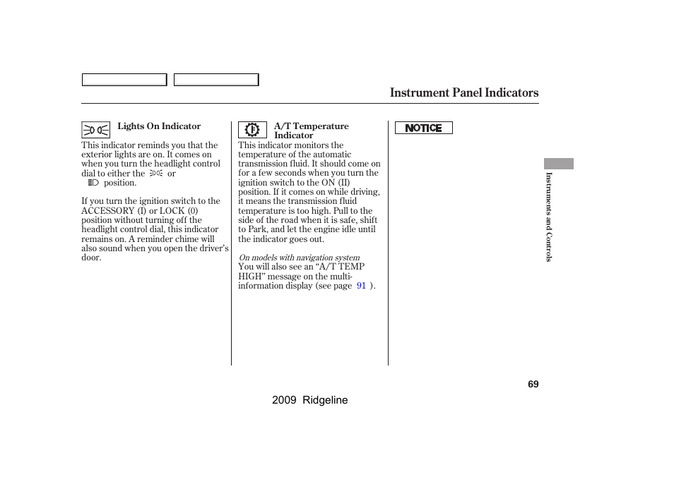 Instrument panel indicators, 2009 ridgeline | HONDA 2009 Ridgeline User Manual | Page 73 / 427