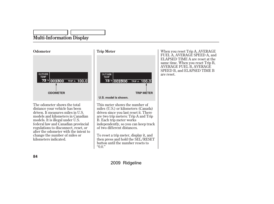 Multi-information display | HONDA 2009 Ridgeline User Manual | Page 88 / 427