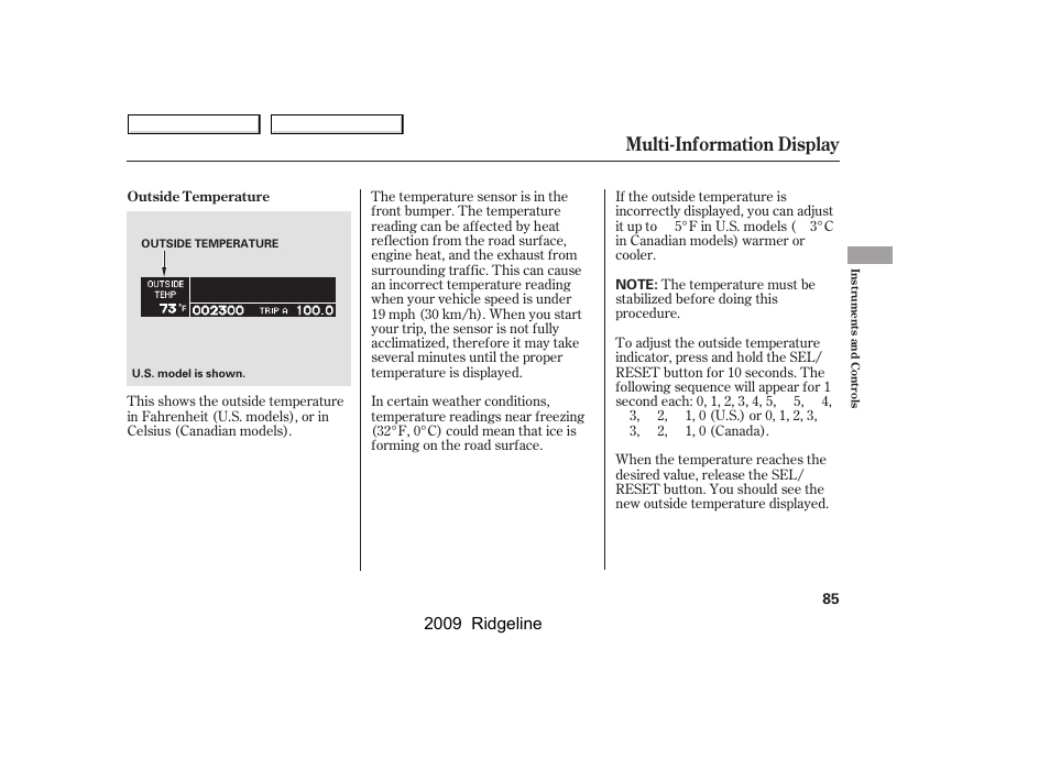 Multi-information display, 2009 ridgeline | HONDA 2009 Ridgeline User Manual | Page 89 / 427