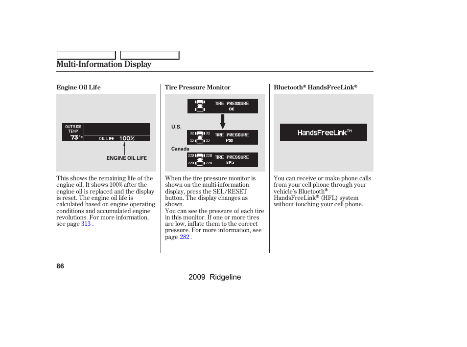 Multi-information display | HONDA 2009 Ridgeline User Manual | Page 90 / 427