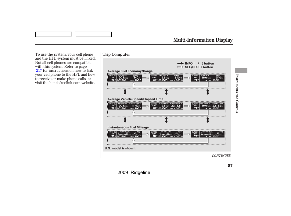 Multi-information display, 2009 ridgeline | HONDA 2009 Ridgeline User Manual | Page 91 / 427