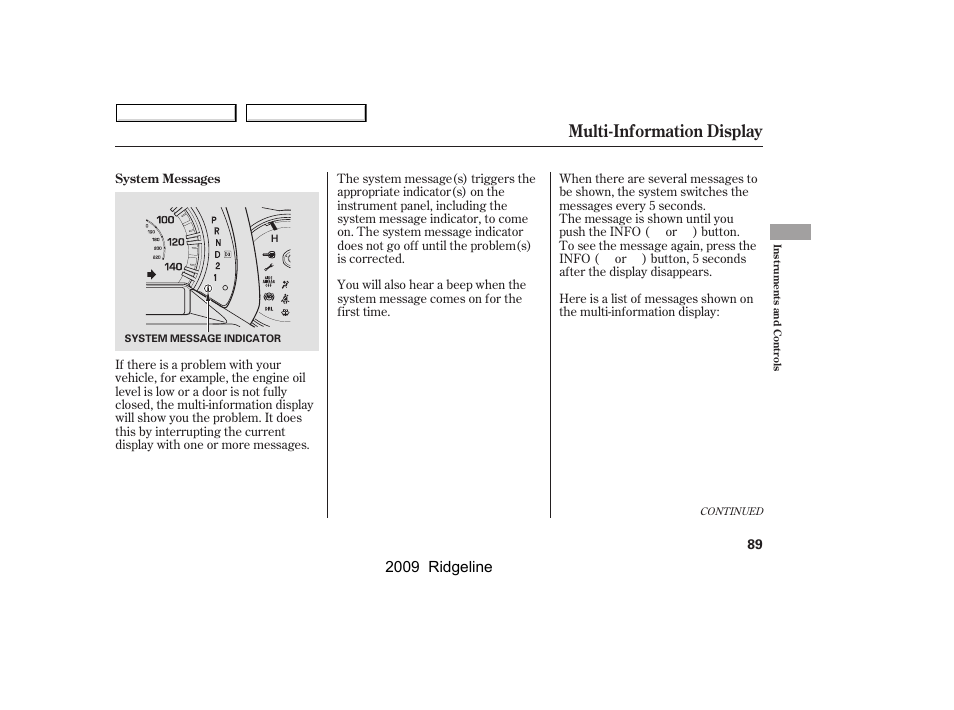 Multi-information display, 2009 ridgeline | HONDA 2009 Ridgeline User Manual | Page 93 / 427