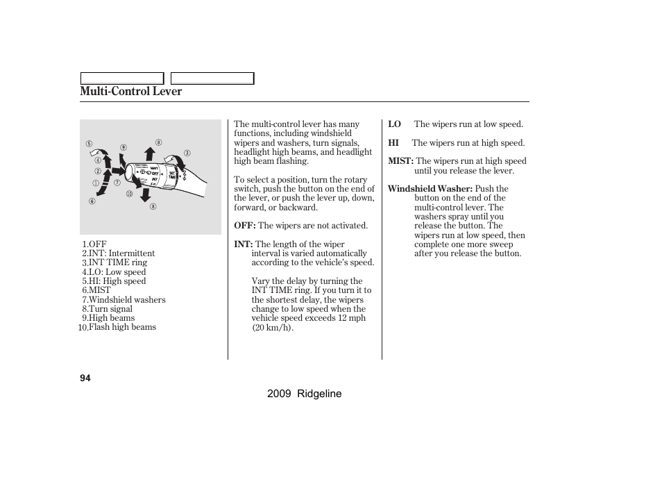 Multi-control lever | HONDA 2009 Ridgeline User Manual | Page 98 / 427