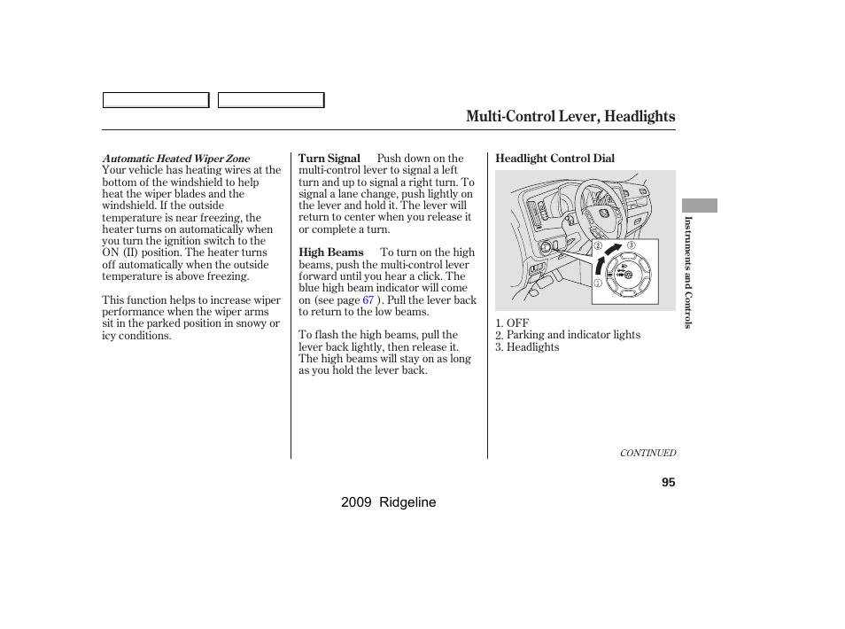 Multi-control lever, headlights, 2009 ridgeline | HONDA 2009 Ridgeline User Manual | Page 99 / 427