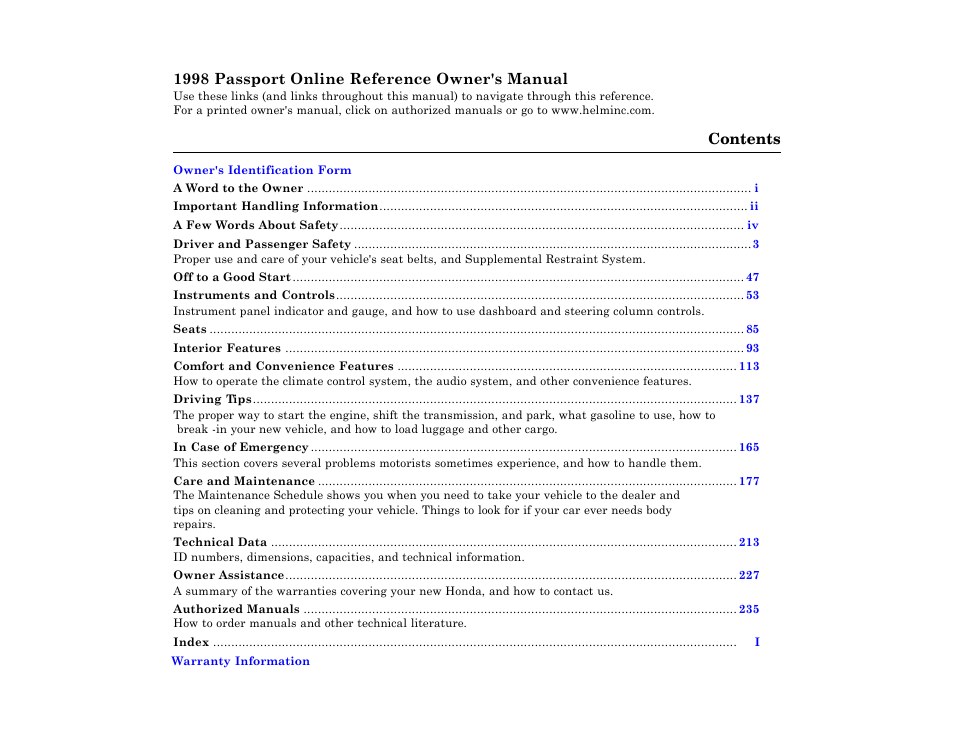 HONDA 1998 Passport User Manual | 1 page