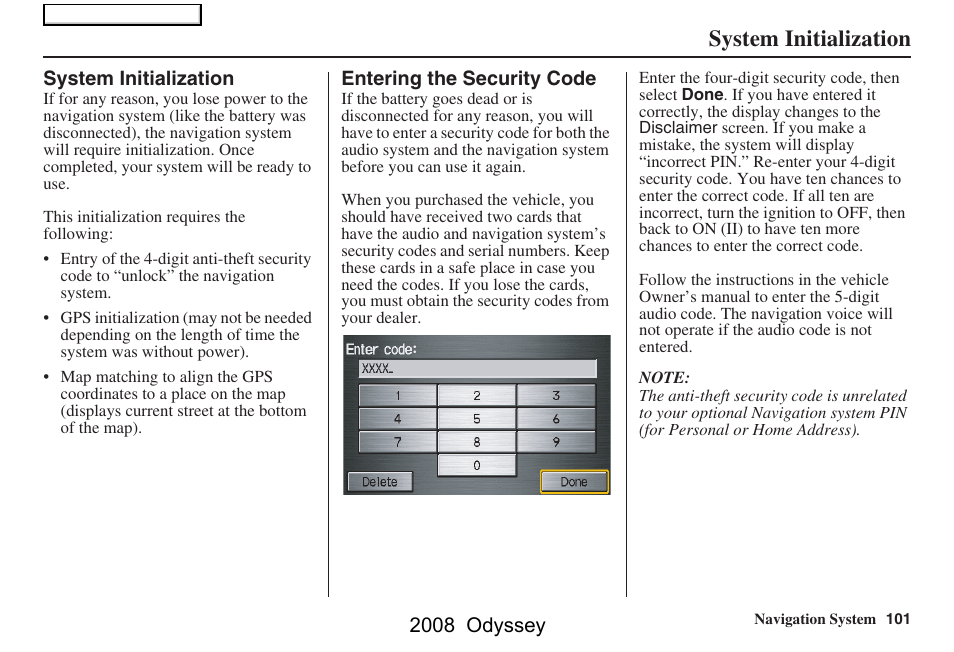 System initialization, 2008 odyssey | HONDA 00X31-SHJ-8101 User Manual | Page 101 / 148