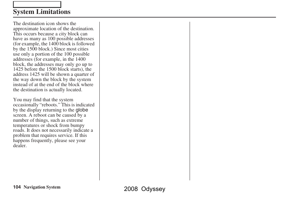 System limitations, 2008 odyssey | HONDA 00X31-SHJ-8101 User Manual | Page 104 / 148