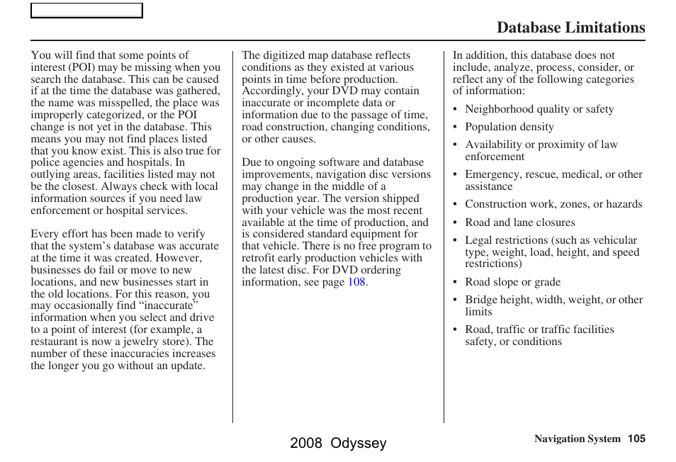 Database limitations, 2008 odyssey | HONDA 00X31-SHJ-8101 User Manual | Page 105 / 148