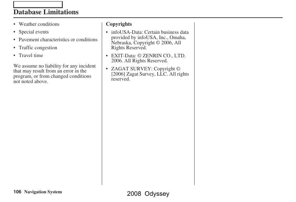 Database limitations, 2008 odyssey | HONDA 00X31-SHJ-8101 User Manual | Page 106 / 148