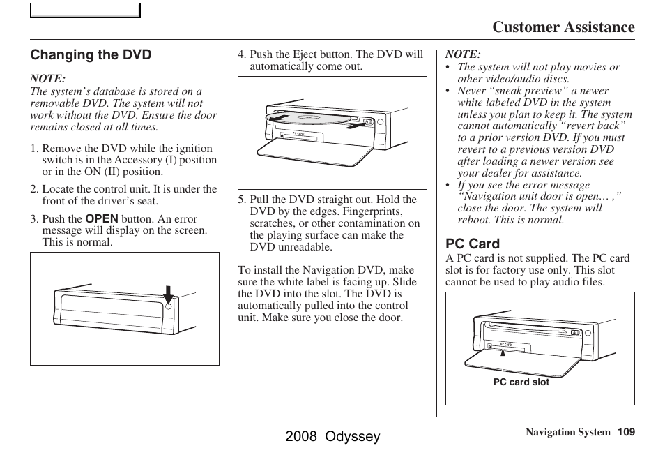 Customer assistance, 2008 odyssey | HONDA 00X31-SHJ-8101 User Manual | Page 109 / 148