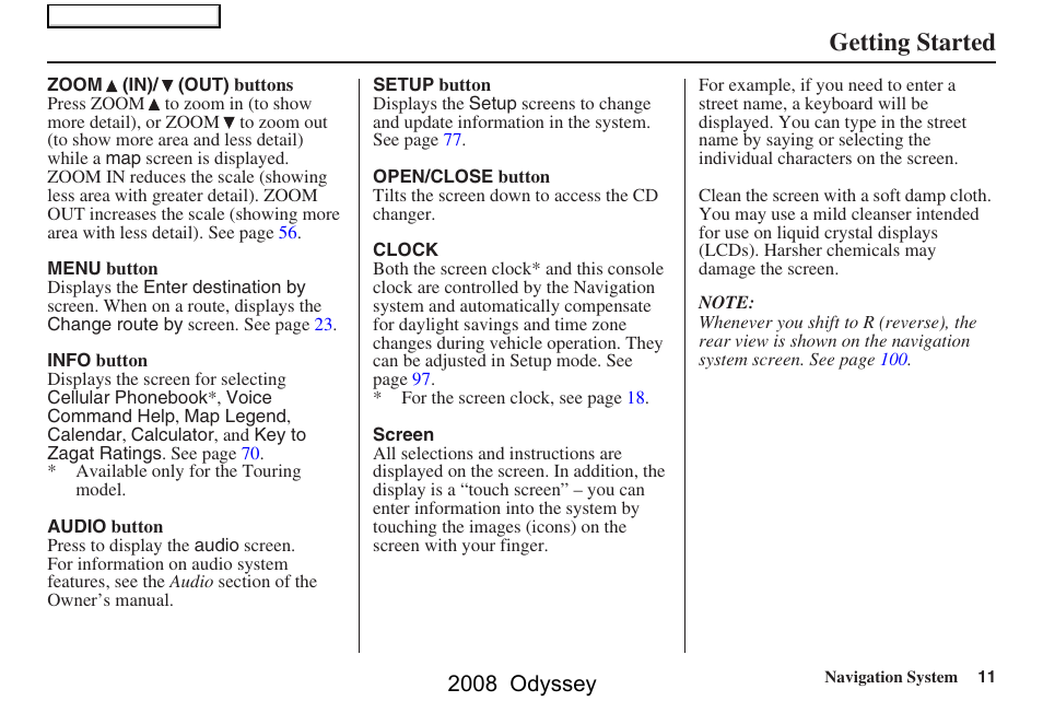 Getting started, 2008 odyssey | HONDA 00X31-SHJ-8101 User Manual | Page 11 / 148