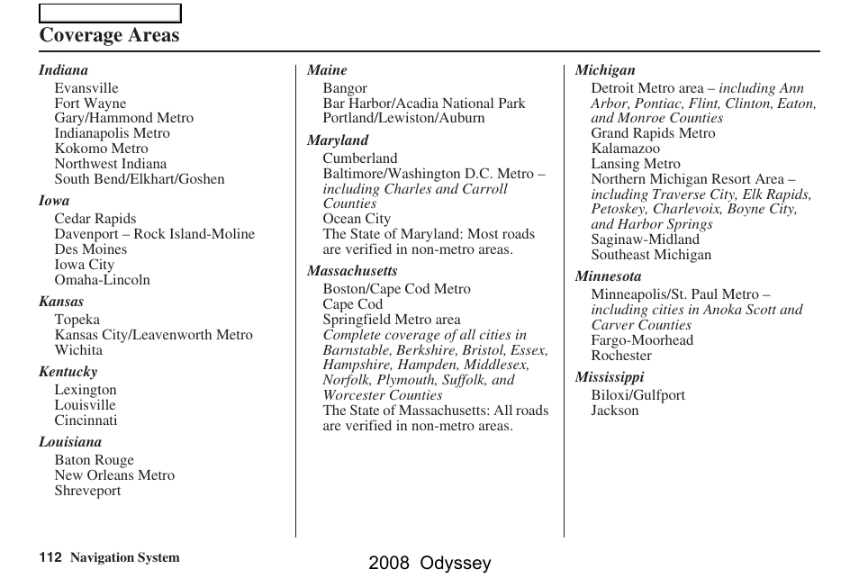 Coverage areas, 2008 odyssey | HONDA 00X31-SHJ-8101 User Manual | Page 112 / 148