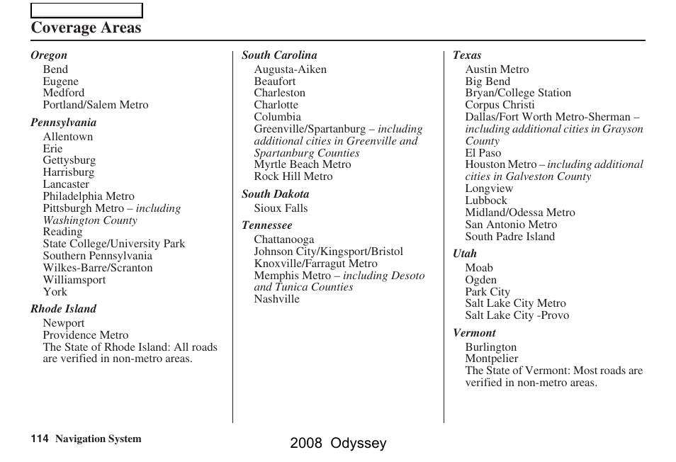 Coverage areas, 2008 odyssey | HONDA 00X31-SHJ-8101 User Manual | Page 114 / 148