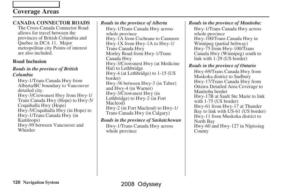 Coverage areas, 2008 odyssey | HONDA 00X31-SHJ-8101 User Manual | Page 120 / 148