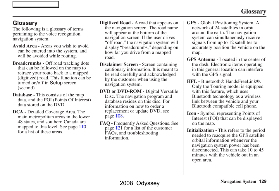 Glossary, 2008 odyssey | HONDA 00X31-SHJ-8101 User Manual | Page 129 / 148