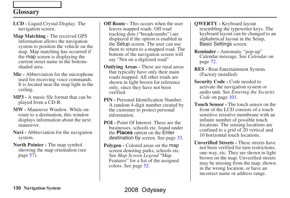 Glossary, 2008 odyssey | HONDA 00X31-SHJ-8101 User Manual | Page 130 / 148