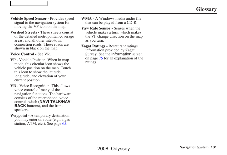 Glossary, 2008 odyssey | HONDA 00X31-SHJ-8101 User Manual | Page 131 / 148