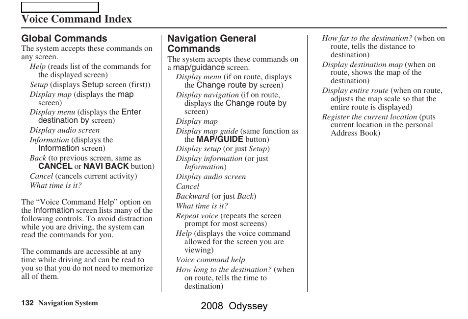 Voice command index, 2008 odyssey | HONDA 00X31-SHJ-8101 User Manual | Page 132 / 148