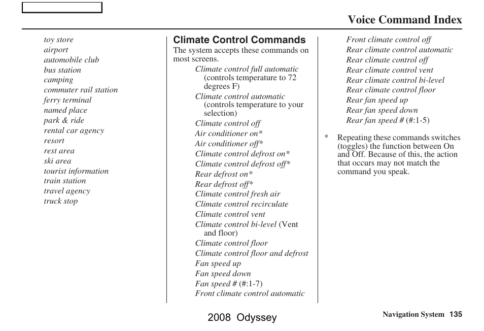 Voice command index, 2008 odyssey | HONDA 00X31-SHJ-8101 User Manual | Page 135 / 148