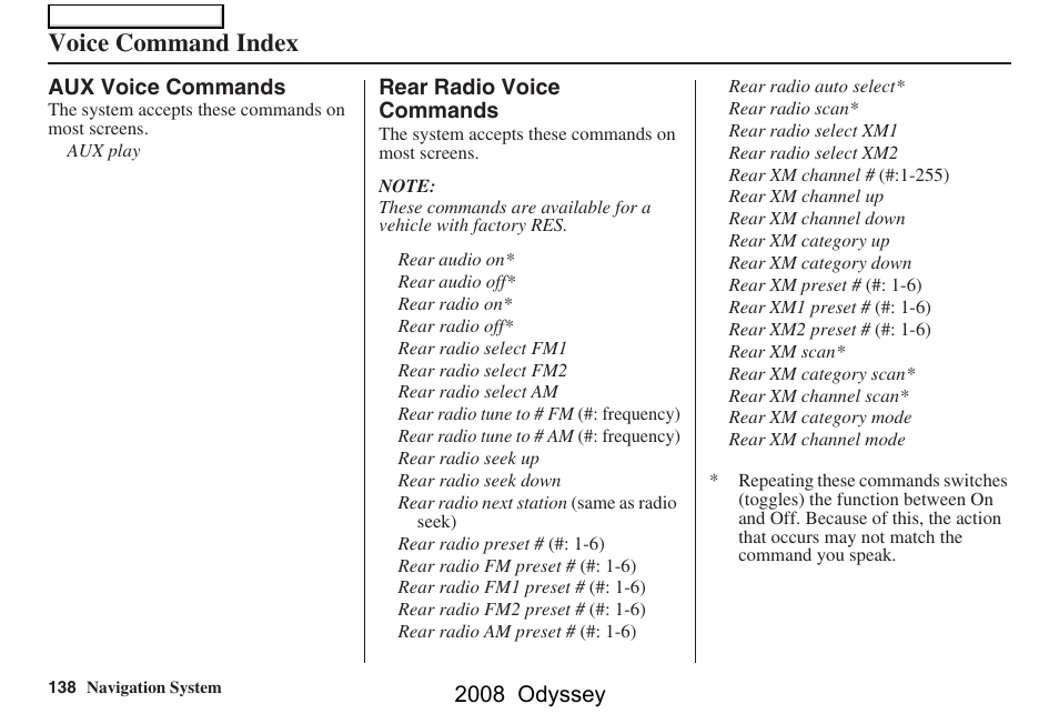 Voice command index, 2008 odyssey | HONDA 00X31-SHJ-8101 User Manual | Page 138 / 148