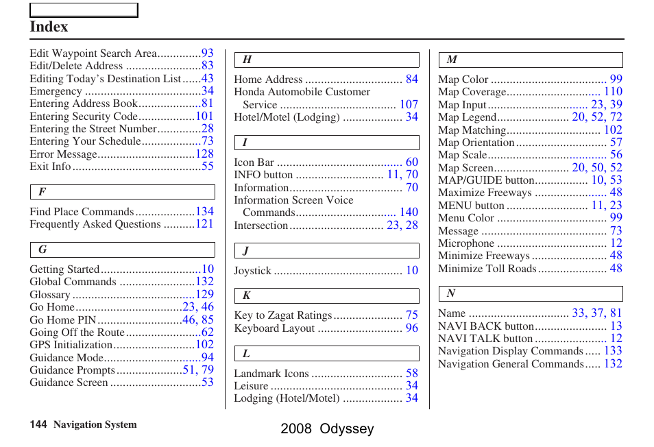 Index | HONDA 00X31-SHJ-8101 User Manual | Page 144 / 148