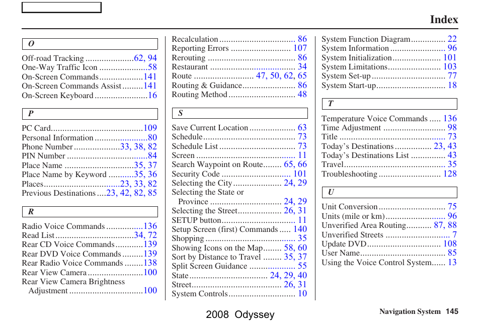 Index | HONDA 00X31-SHJ-8101 User Manual | Page 145 / 148